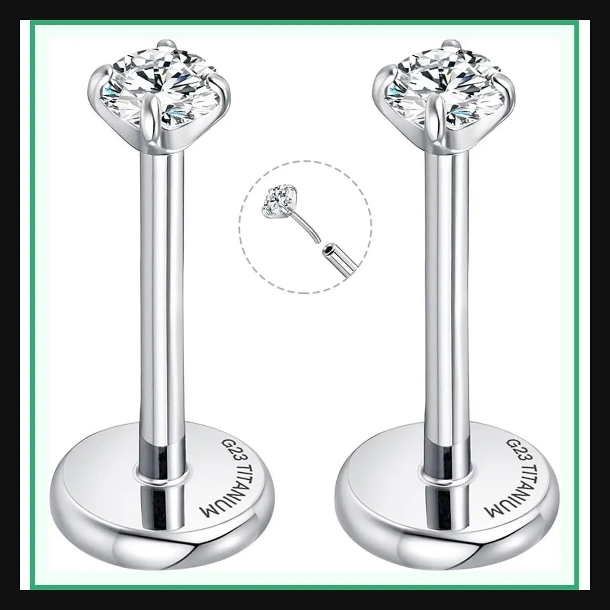 Titanium Threadless Flat Back Earrings with AAAAA Cubic Zirconia for Tragus, Helix, Conch, Daith, Cartilage Piercings - 18G/16G/20G, 6mm/8mm
