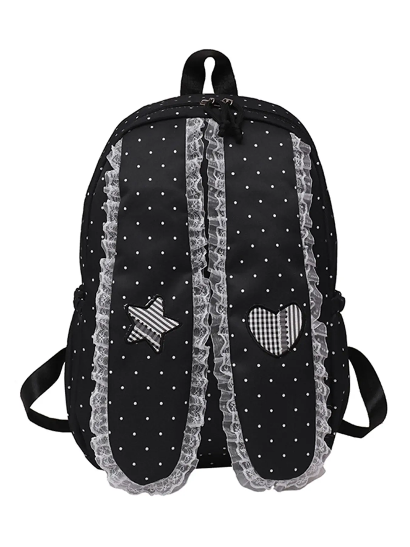 Dot Lace Girl Backpack, Y2K Sweet Lolita Style, Lace Trim, Star Heart Patch, Multiple Pockets, Wide Strap, Large Capacity, School Bag
