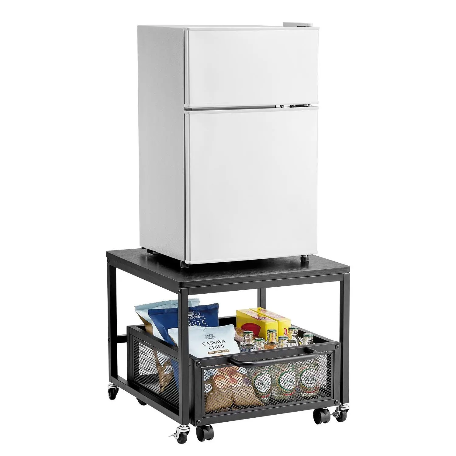 VEVOR Mini Fridge Stand with Storage, 198 lbs Mini Fridge Table with Movable Storage Cart & Swivel Wheels, Beverage Refrigerator Stand for Coffee Bar, Mini Fridge Organizer for Office Home Dorm, Blac