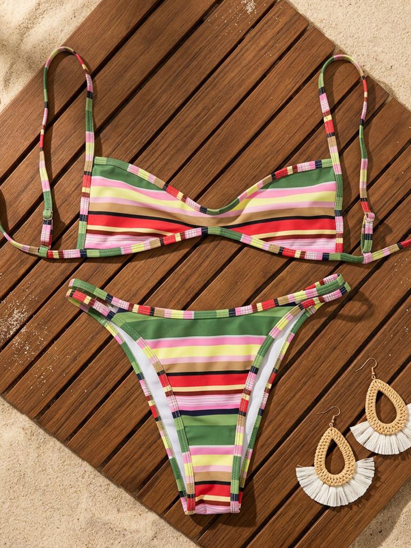 Bikini one-piece with a halter top and back tie - Pink and Blue Patterned Bikini Set for Women
