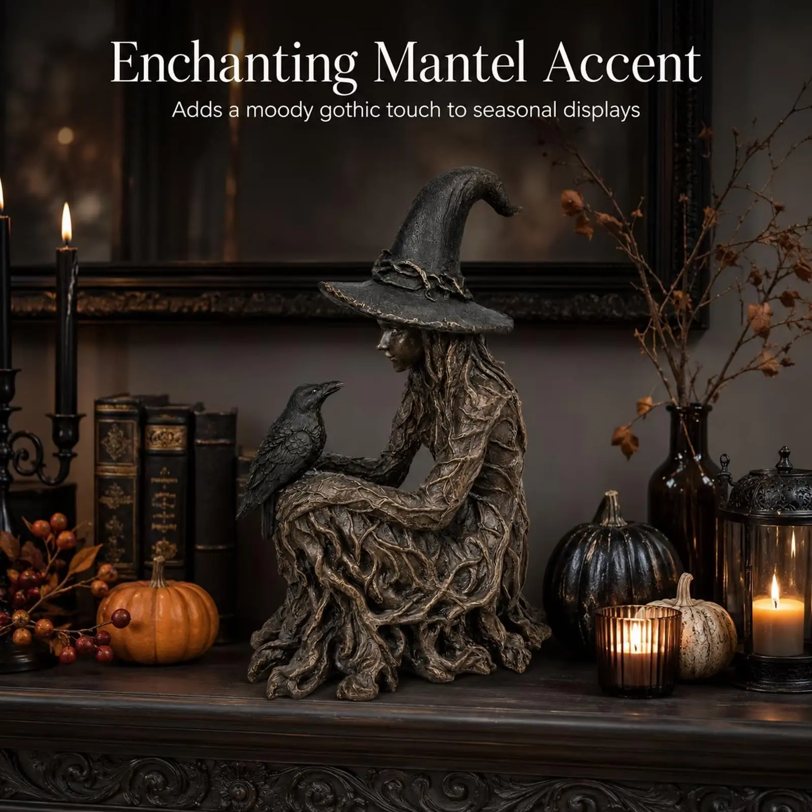 Gothic Witch and Crow Statue, Mystical Resin Ornament for Home Decor, Dark Academy Desk Decoration, Halloween Spiritual Gift, Altar Decor