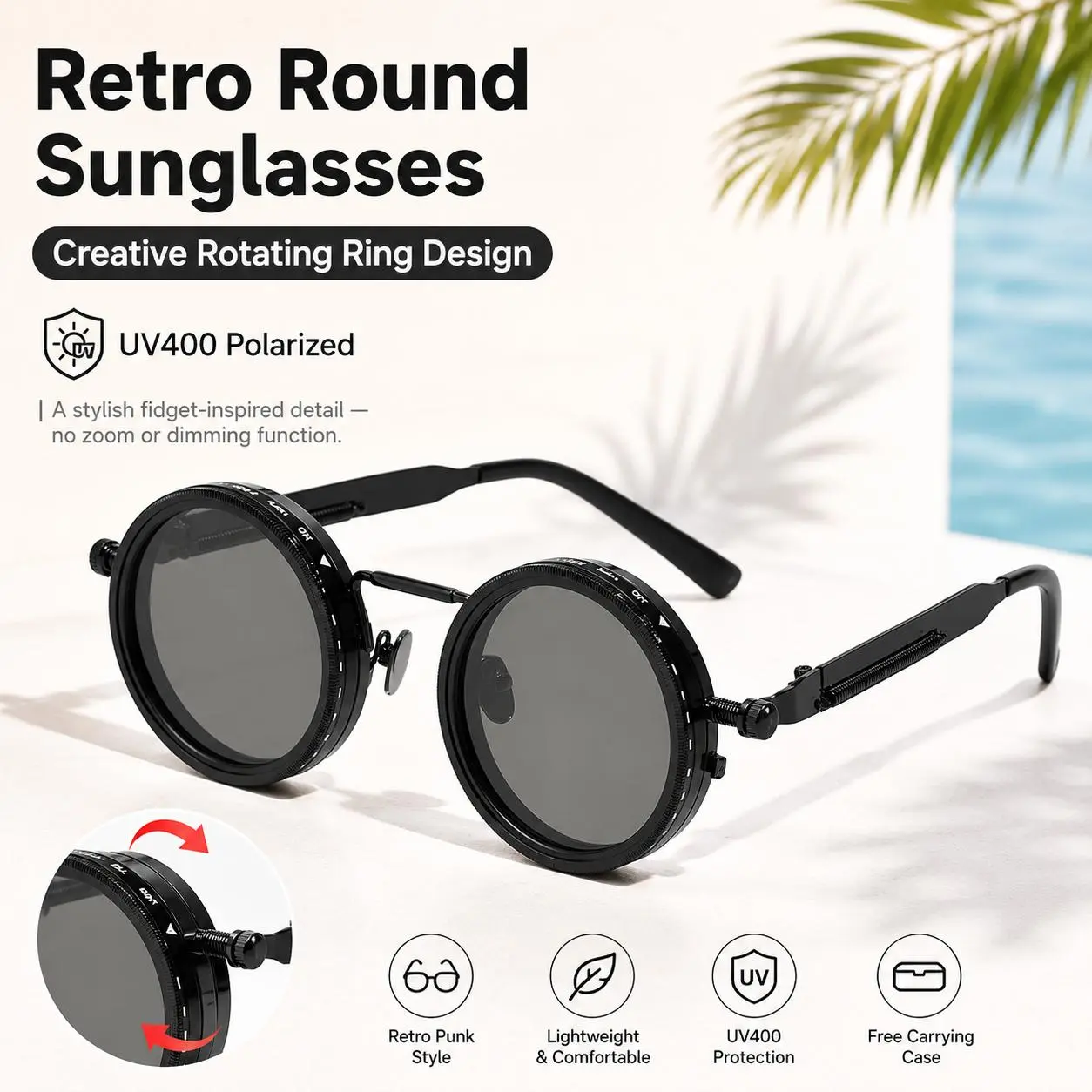 Polarized Round Sunglasses with Decorative Rotating Frame, UV400 Anti-Glare Retro Punk Eyewear for Men Women, Frame Does Not Adjust Light
