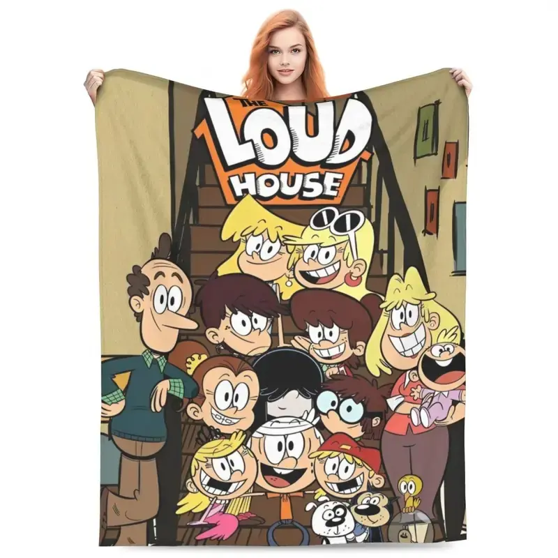 The Loud House Full Family Print Polyester Fleece Throw Blanket - Hypoallergenic, Soft, Multi-Size, House Staircase Background, Lincoln Loud, Siblings, Parents, Pets, Cartoon Design - Nickelodeon Fan Gift for Nursery/Sofa Decor, Hypoallergenic Softness