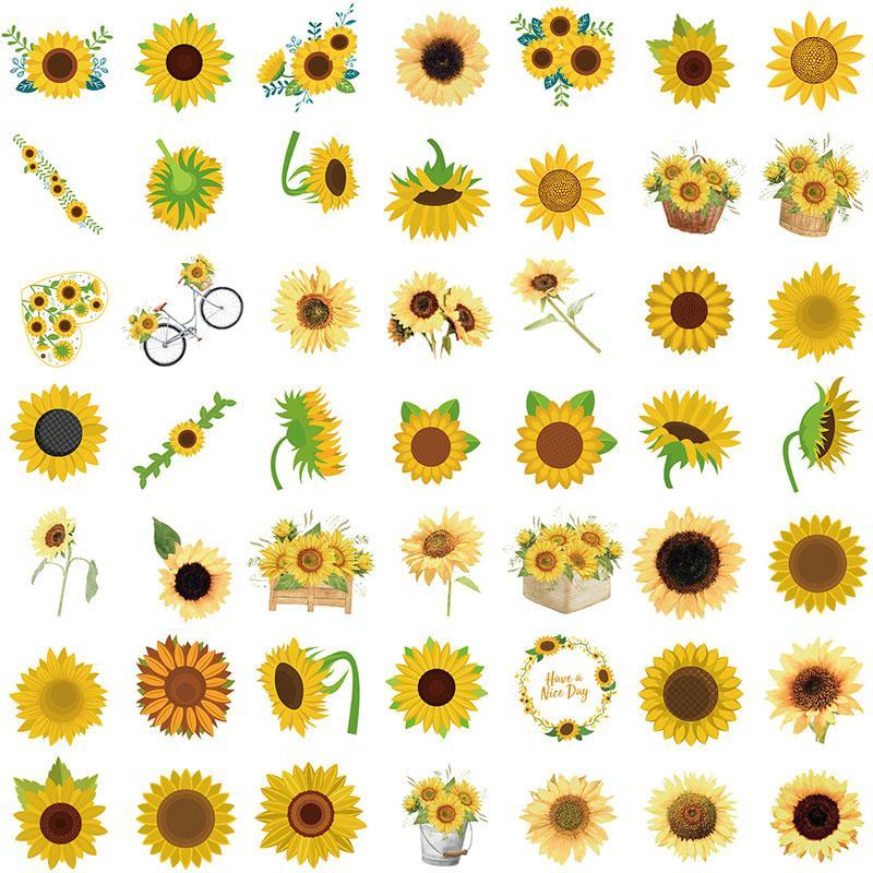 Sunflower Pattern Sticker, 50pcs/set Waterproof Self Adhesive Decor Paper, Decor Sticker for Gift Greeting Card Water Bottle Laptop Phone