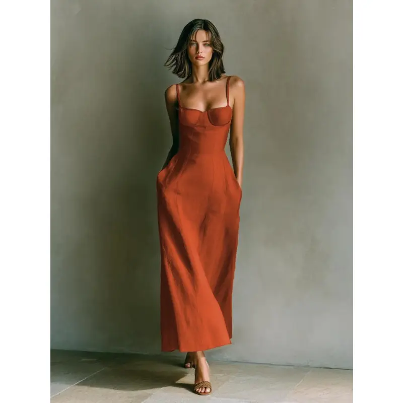 Solid Color Slip Dress for Women, Classy Midi Length with Thin Straps, Elegant Slim Fit Smooth Polyester Fabric for Summer Holiday, Spaghetti Strap Basic Casual, Sleeveless, Lightweight, Feminine, Soft, Casual Wear, Lady, Piece, Minimalist