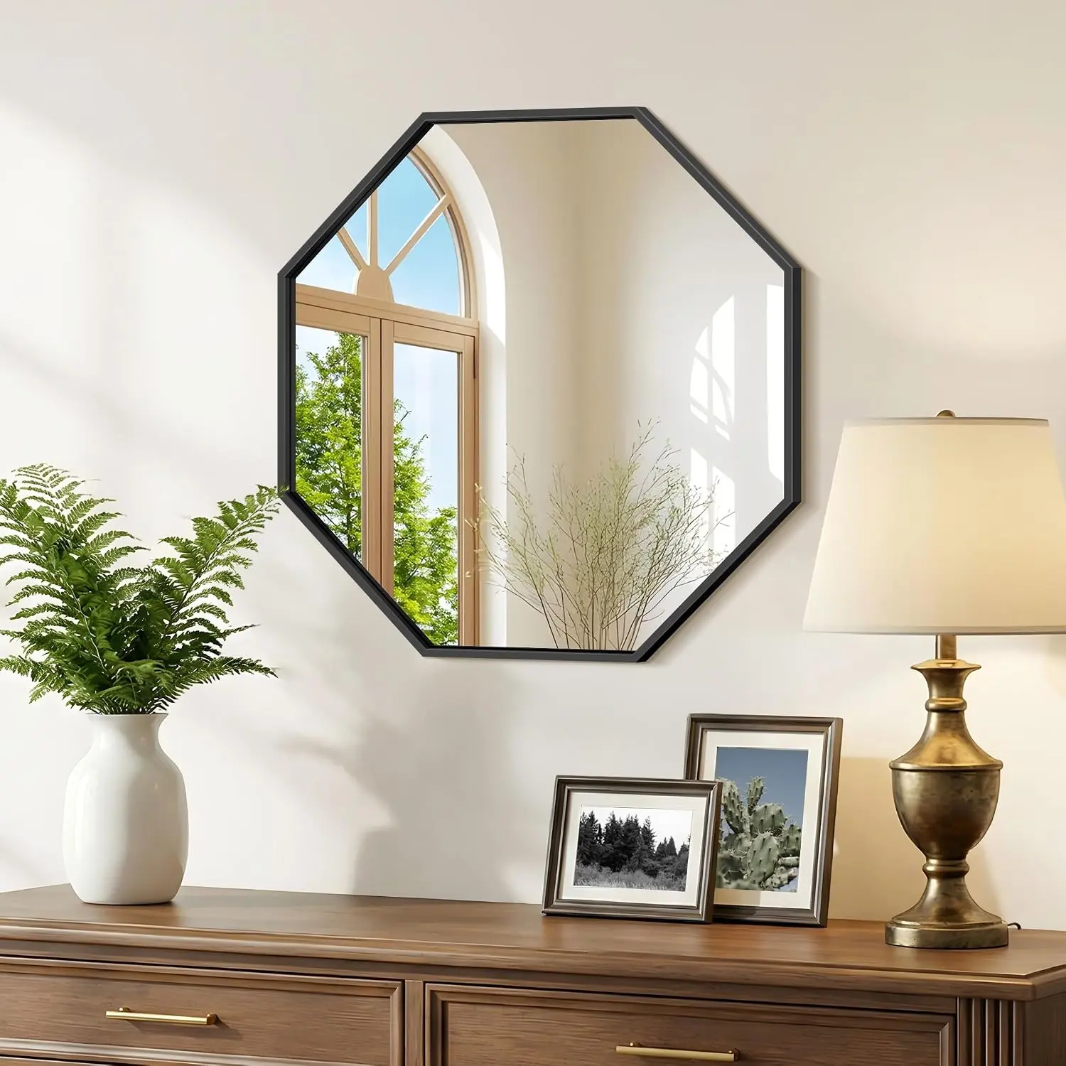 18x18 Inch Octagon Mirror for Wall, Black Bathroom Mirror for Over Sink with Iron Frame,  Mirror  for Bedroom Entryway Hallway Living Room, Horizontal/Vertical