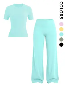 Women's 2-Piece Fitness Set, Comfortable Round Neck Short Sleeve Top & High Waist Loose Bell Bottom Pants, Casual Athletic Sportswear, Slim Fit, All Seasons