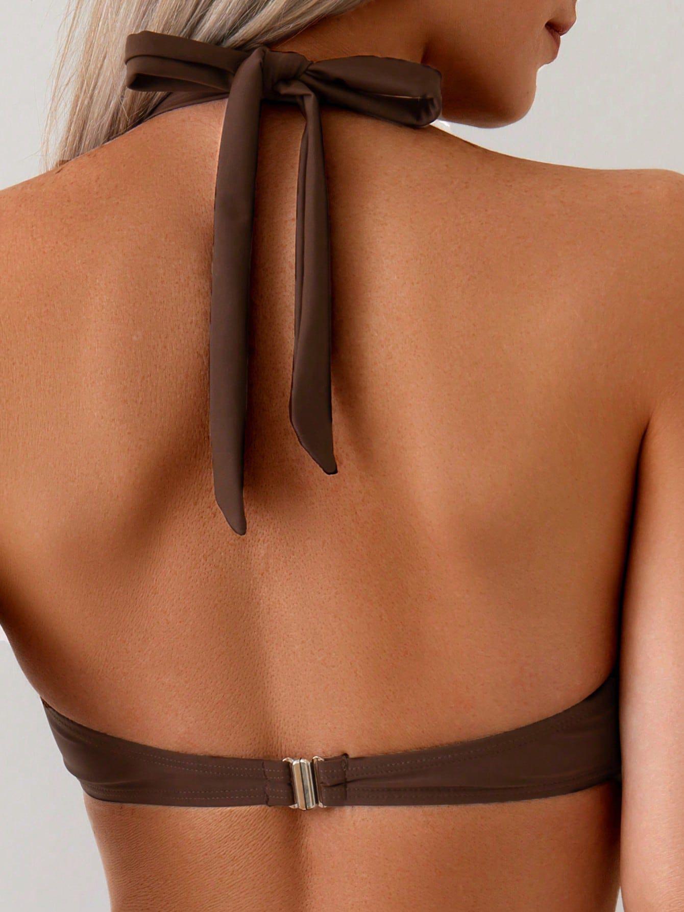 Brown Bikini with Gold Ring Detail and Matching Skirt - Elegant Swimwear Set"