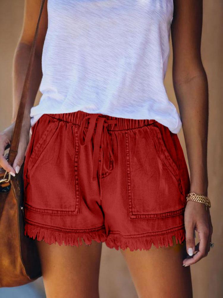 Elastic Waist Drawstring Denim Shorts for Women Summer Casual Loose Frayed Hem Jean Shorts with Pockets