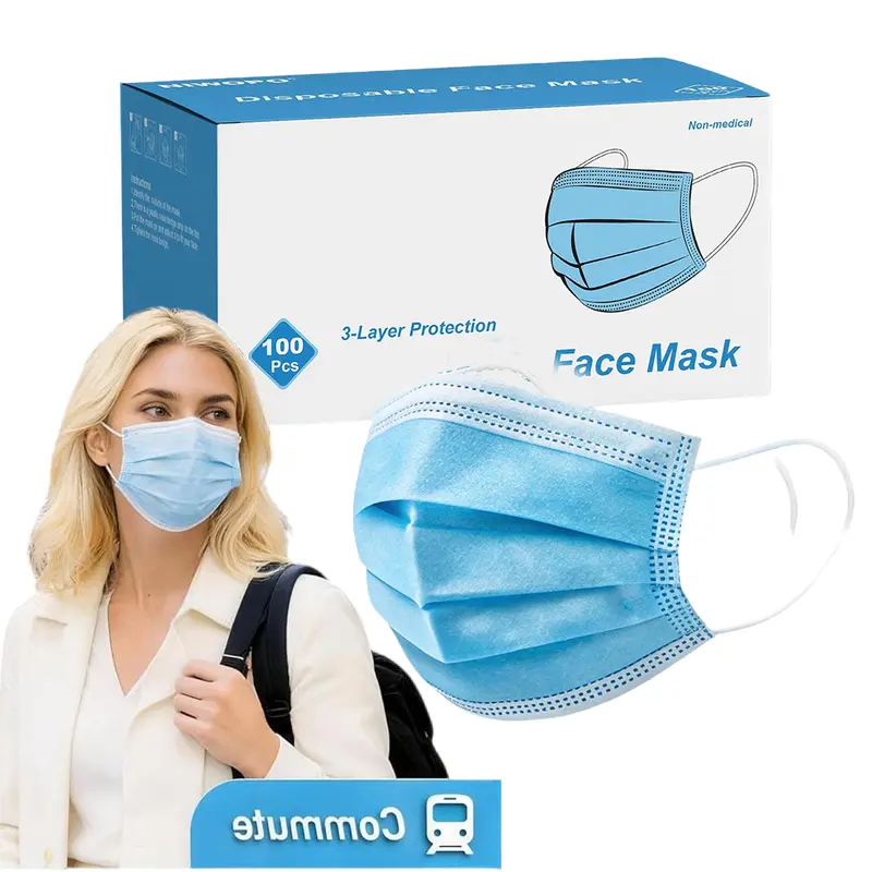 100 Pack Disposable 3 Ply Face Masks, Breathable Filter Safety Masks with Adjustable Nose Clip, Soft Elastic Ear Loops, Comfort Protective Masks for Home Office Daily Use