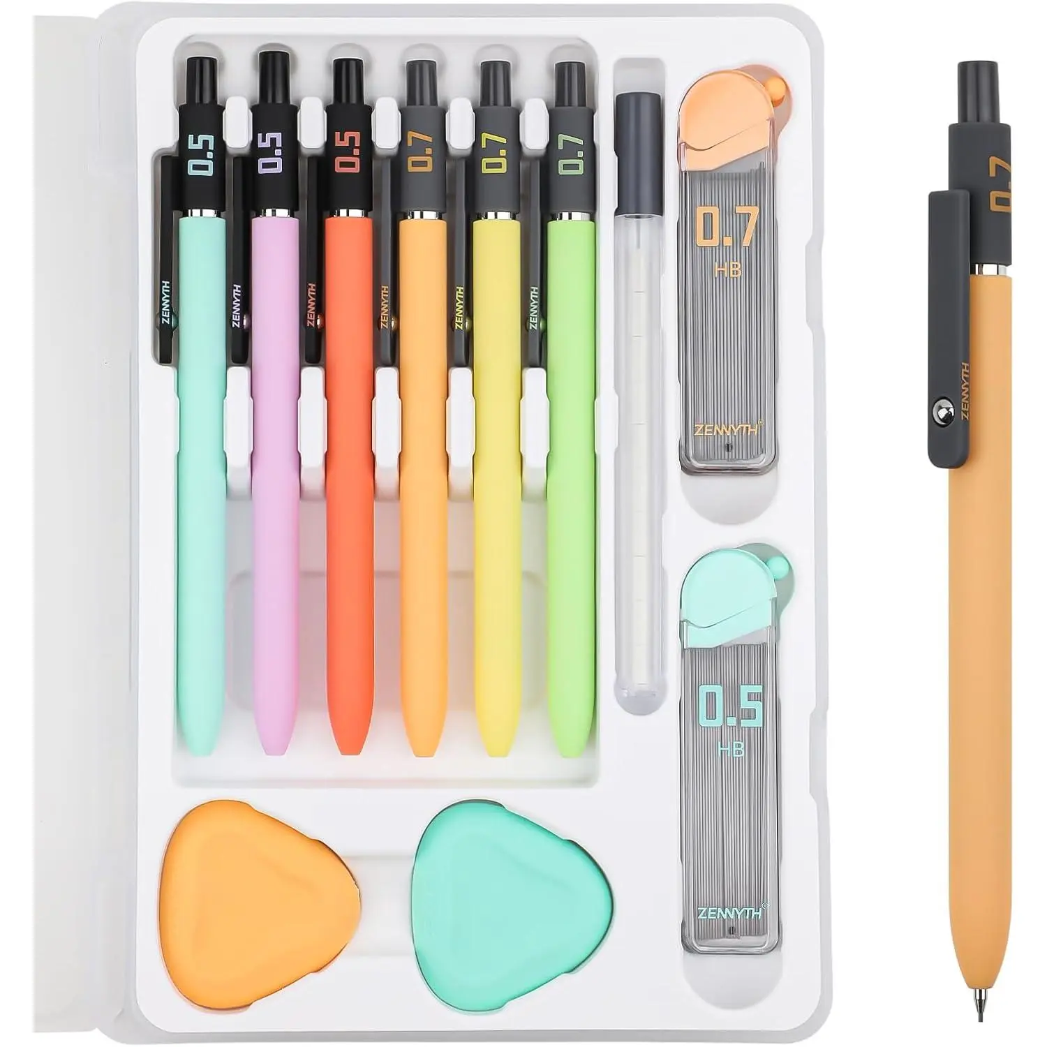 Mechanical Pencil Set, 6 count Art Mechanical Pencils 0.5 & 0.7mm with 4 Boxes HB Leads, 2 count Erasers and 10 count Eraser Refills, Gifts for Teen Girls, School Supplies (6PCS 0.5 + 0.7 mm)