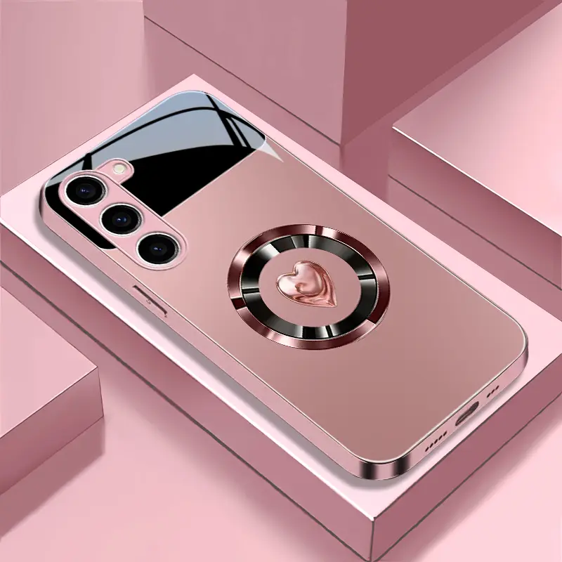 Viral Coquette Pink Love Heart Glitter Cross MagSafe Magnetic Glass Phone Case, Rose Gold Glossy Electroplated Shockproof Girly Romantic Aesthetic Cover Compatible With Galaxy S23 5g---9435