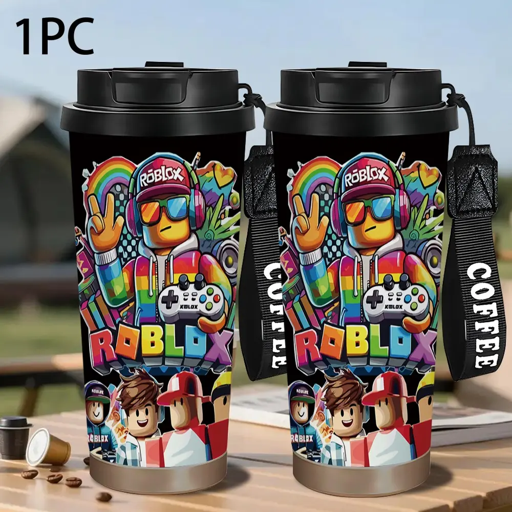 1pc 20oz Trendy Roblox Gamer Character Graphic Travel Coffee Mug, 18oz Portable Stainless Steel Thermal Tumbler With Hanging Strap, Leak‑Proof Car Coffee Cup, Reusable Insulated Drinkware, Birthday Gift For Young Game Fans