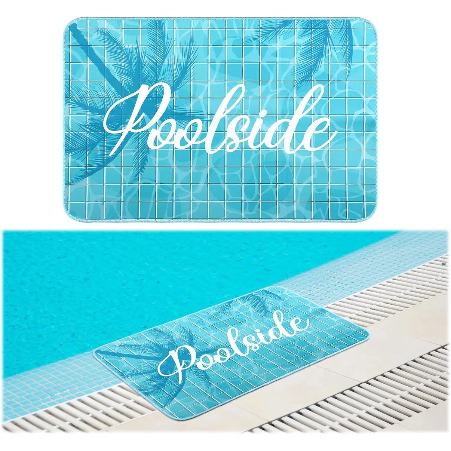 24x35 Durable Non-Slip Waterproof Rubber Poolside Mat, Fade-Resistant Printed Outdoor Rug for Pool Deck, Patio (Palm)