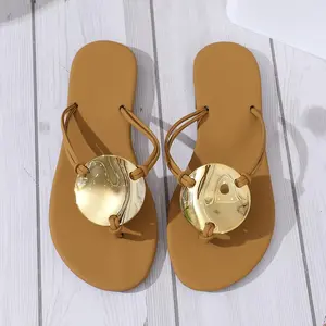 Women's New Metal Buckle Thong Sandals, Plus Size Summer Beach Chunky Heel Slide Sandals