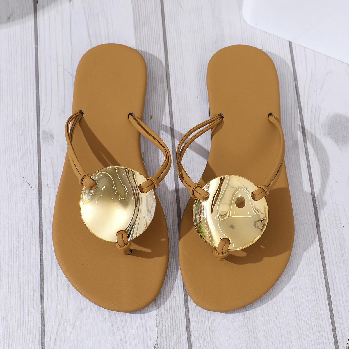 Women's New Metal Buckle Thong Sandals, Plus Size Summer Beach Chunky Heel Slide Sandals