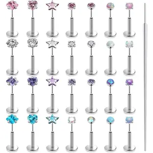 20G 18G 16G Threadless Nose Rings Studs Flat Back Earrings Surgical Stainless Steel Opal Nose Rings Stud Tragus Helix Conch Cartilage Earrings Piercing Jewelry For Women Men HypoallergenicGift.