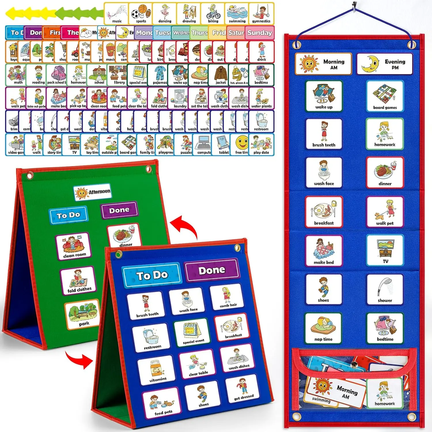 Visual Schedule Chore Chart Set with 86 Cards, Morning Bedtime Routine Guide, Responsibility Board, Communication Cards, Blending Board, Detachable Bag, Grommet Holes, School Learning Materials