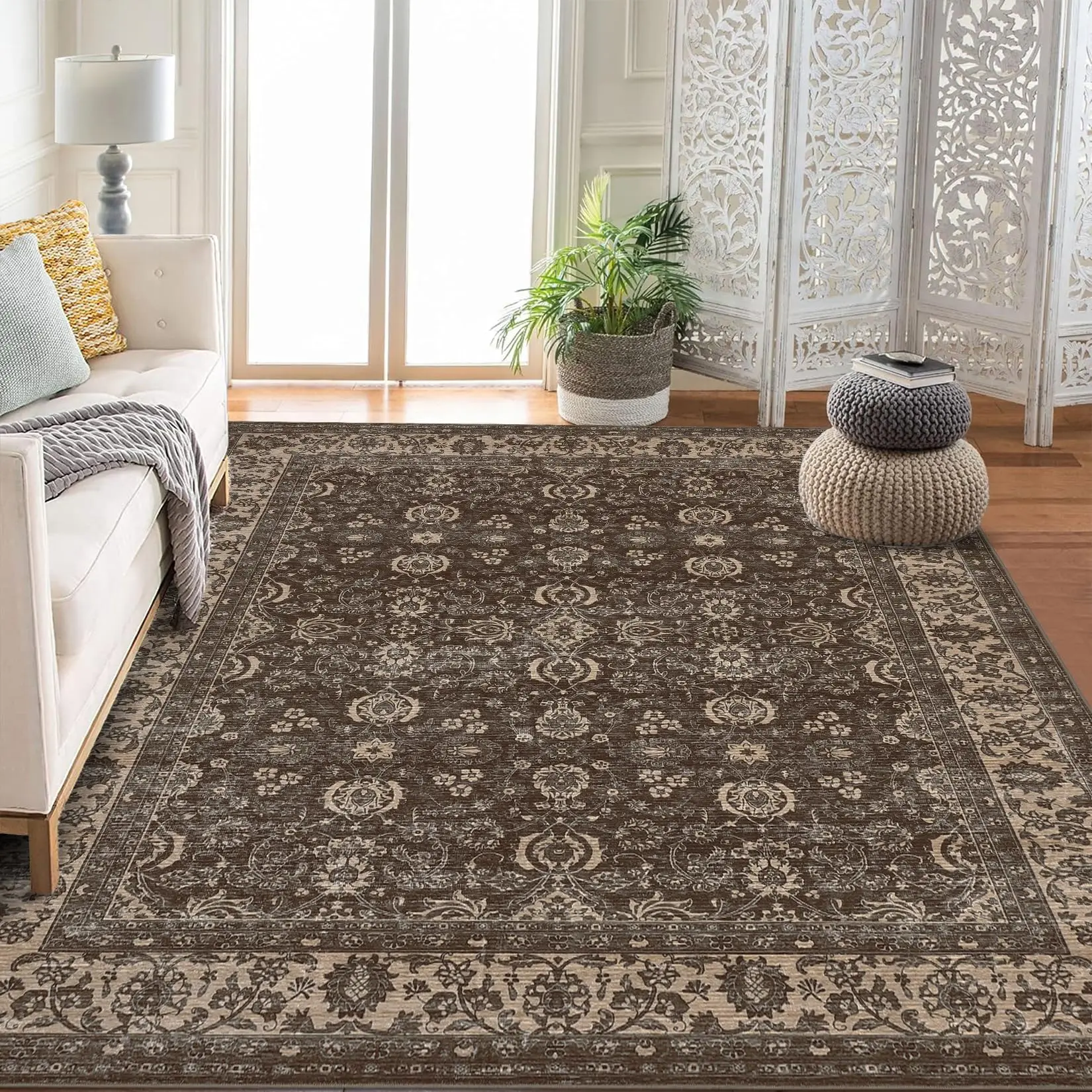 Garvee Brown 5x7 Washable Area Rug, Non Slip Vintage Floral Rug for Bedroom, Ultra-Thin Stain Resistant Floor Carpets Rugs for Living Room Dining Room Home Office