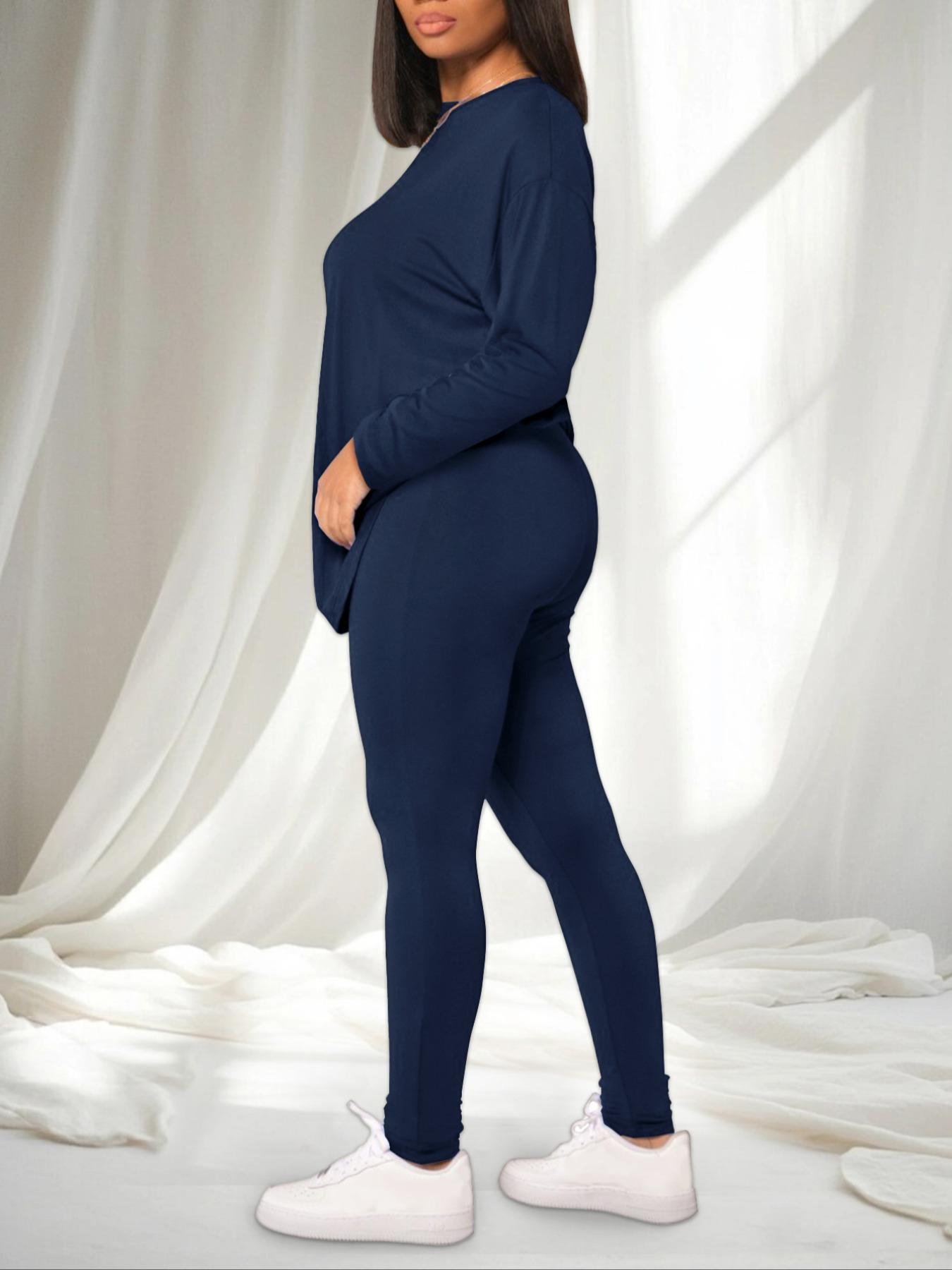 Women's Solid Drop Shoulder Tee & Elastic Waist Skinny Pants Two-piece Set, Basic Casual Fashion Cozy Round Neck Long Sleeve T-shirt & Trousers for Daily Outdoor Wear, Women's Clothing for Spring & Fall