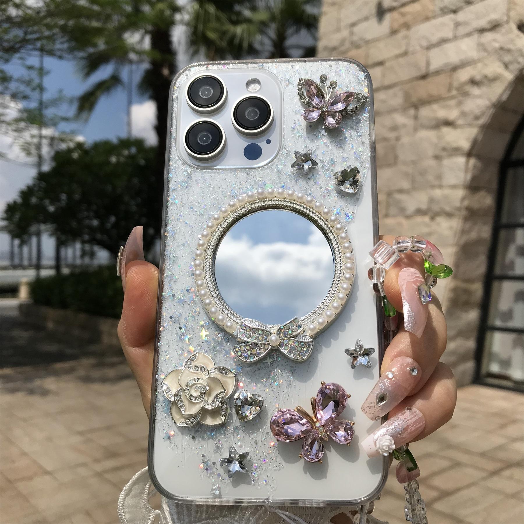 Rhinestone Decor Phone Case, Mirror Flower Butterfly Decor Phone Protective Cover with Lanyard, Phone Accessories Compatible with iPhone 16 15 14 13 12, Decorative Smartphone Protector