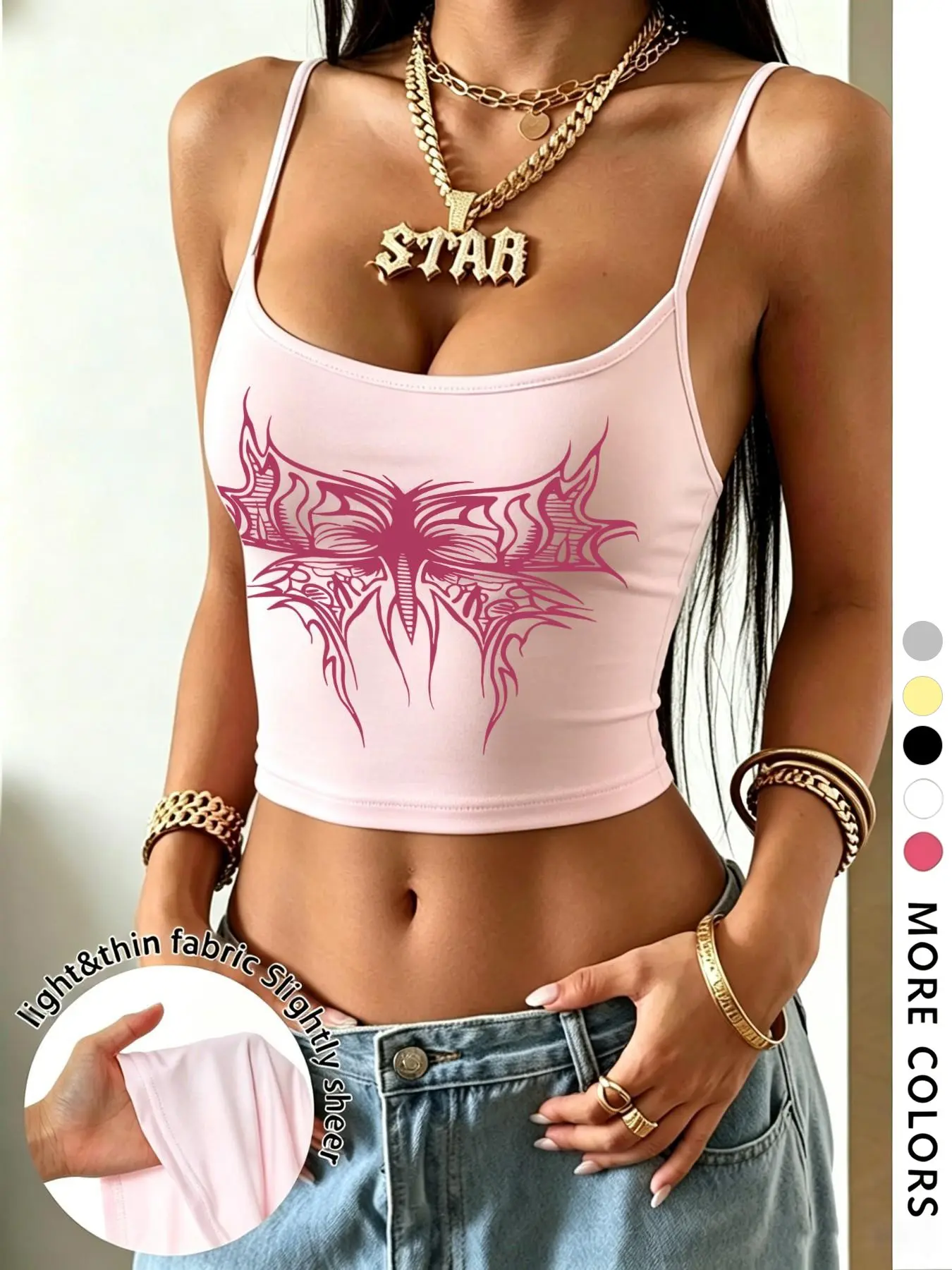 Women's Light Silk Fabric Comfortable Halter Top, Vintage Wing Pattern, Jersey Thin Straps, Sexy Youth Fashion, Casual Summer Beach Wear