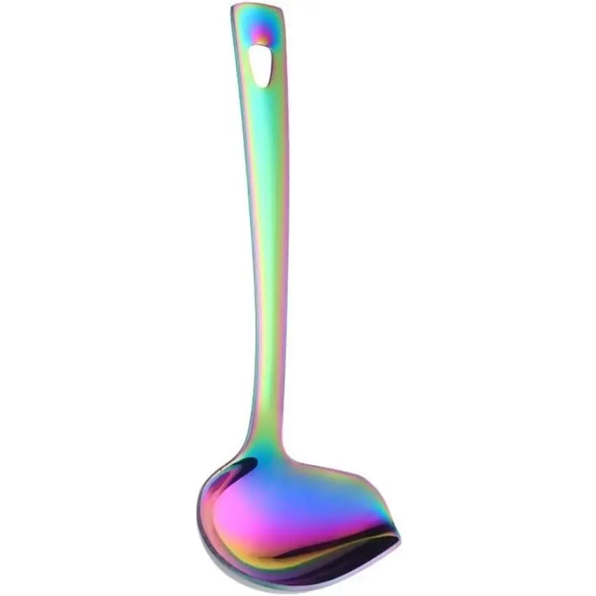 BuyGo 8.67 Inch Rainbow Stainless Steel Sauce Gravy Ladle with Spout, Drizzle Soup Spoon Kitchen Utensil, Mirror Polish, Dishwasher Safe