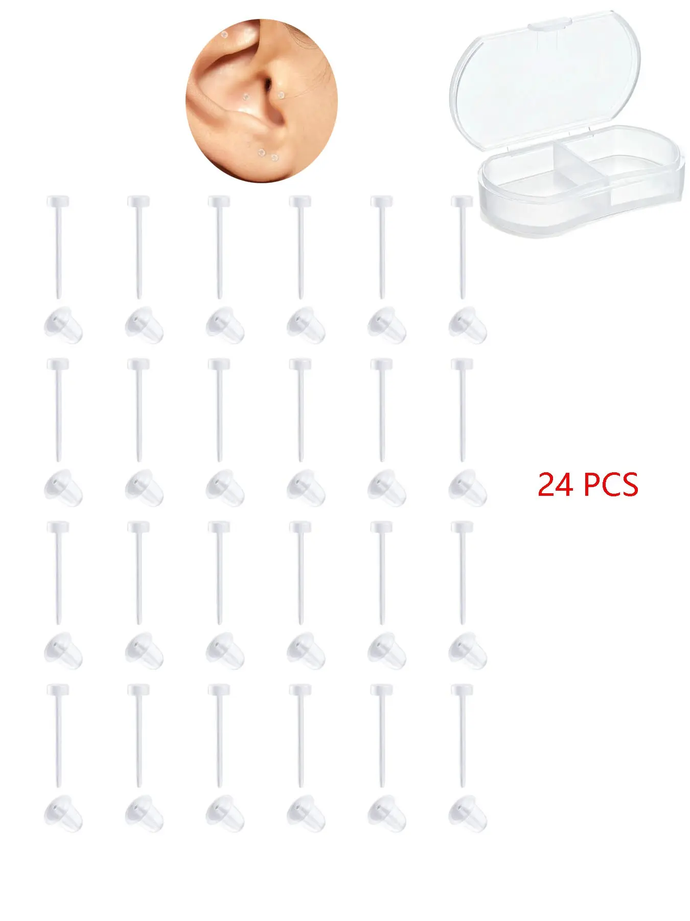 Hypoallergenic Transparent Flat-Top Plastic Earrings, Invisible Ear Studs with Rubber Bullet Tips, Includes Storage Box, Ideal for Work, Sports, School