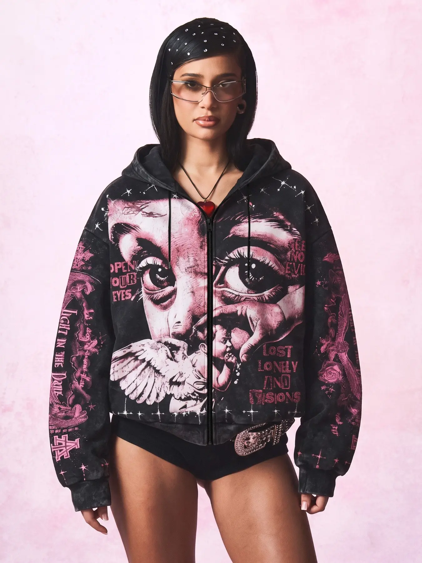Women Y2K Gothic Angel Graphic Zip Up Hoodie, Vintage Big Eyes Cherub Full Print Oversized Zip‑Hooded Jacket, Long Sleeve Streetwear Hooded Sweatshirt, Alt Aesthetic Loose Casual Outerwear For Daily Street Party Outfits