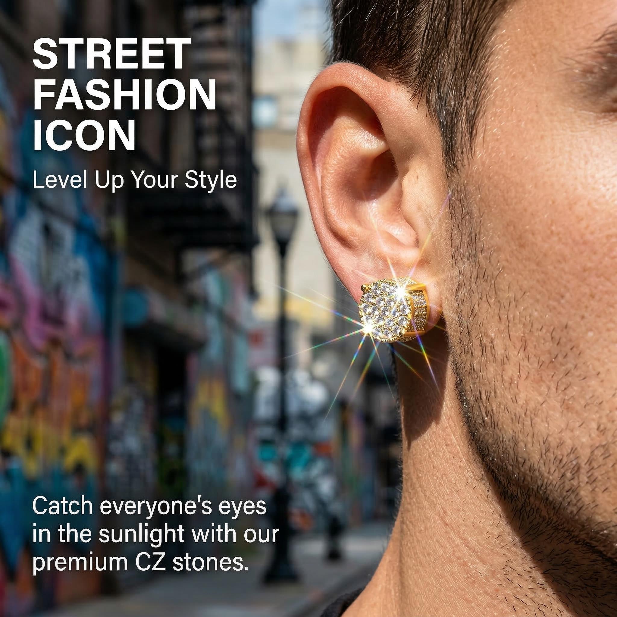 14 Karat Gold-Plated Round Cubic Zirconia Stud Earrings for Men - 4-Prong Iced-Out Hip-Hop Alloy Base Earrings with Butterfly,Screw Backs,Hypoallergenic Thick Small Cross Design,Casual Everyday Wear,Avoid Water,Luxury Party Wedding Jewelry