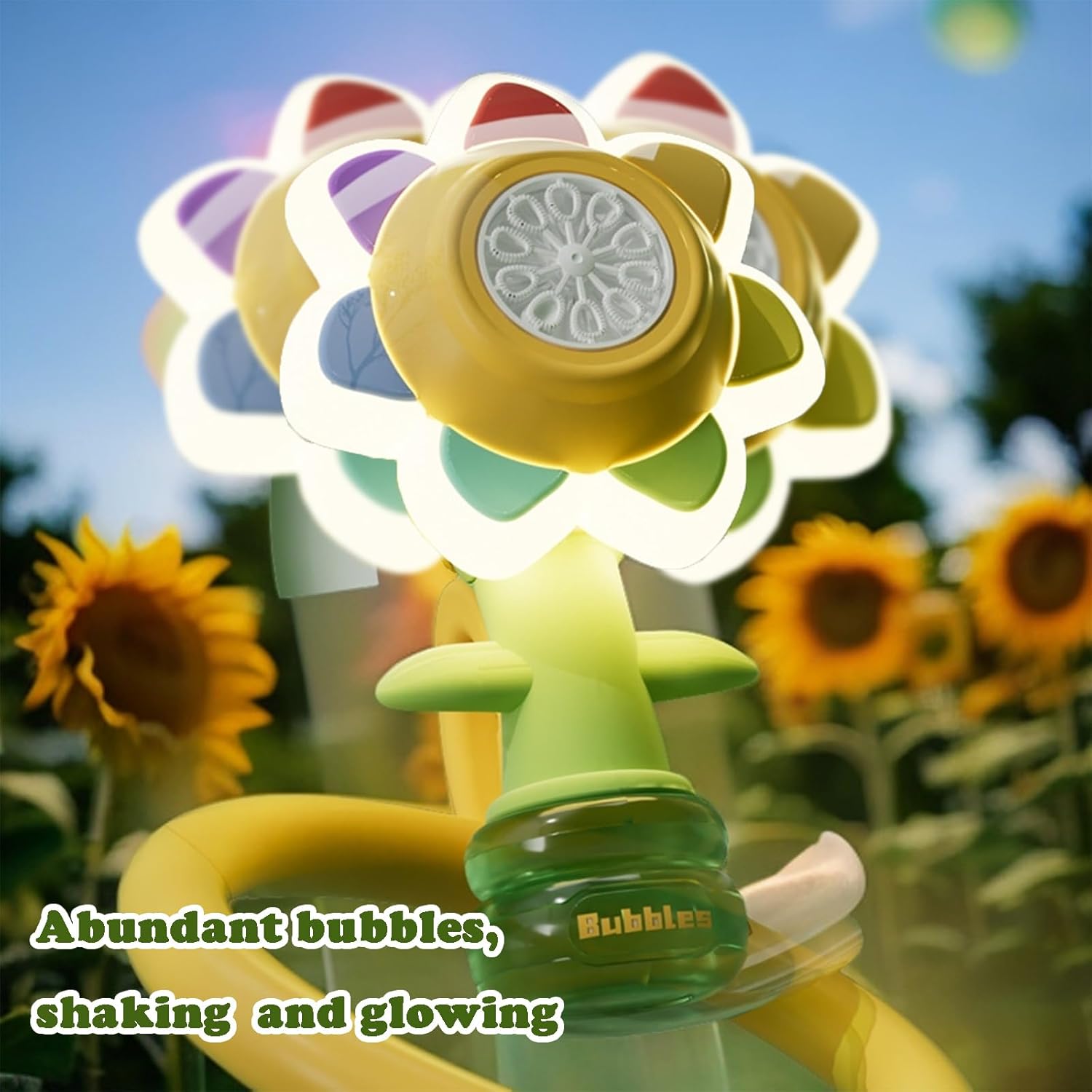Summer Toy Gift, Indoor Outdoor Birthday Wedding Party Bubble Machine, Colorful Flower Design, USB Rechargeable, Portable Round Shape