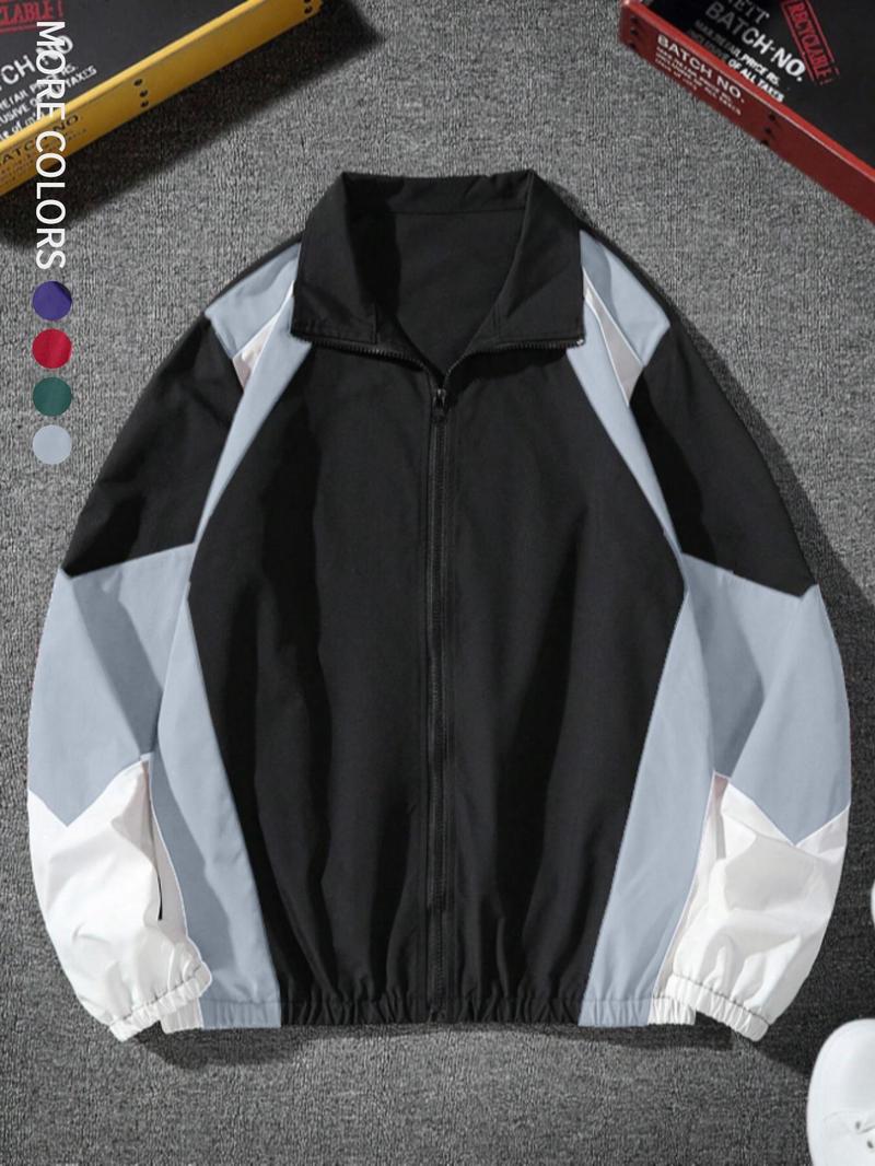 Men's Colorblock Zip Up Jacket, Regular Fit Casual Long Sleeve Outerwear for Spring & Fall, Fashion Men's Clothes for Daily Wear Tops