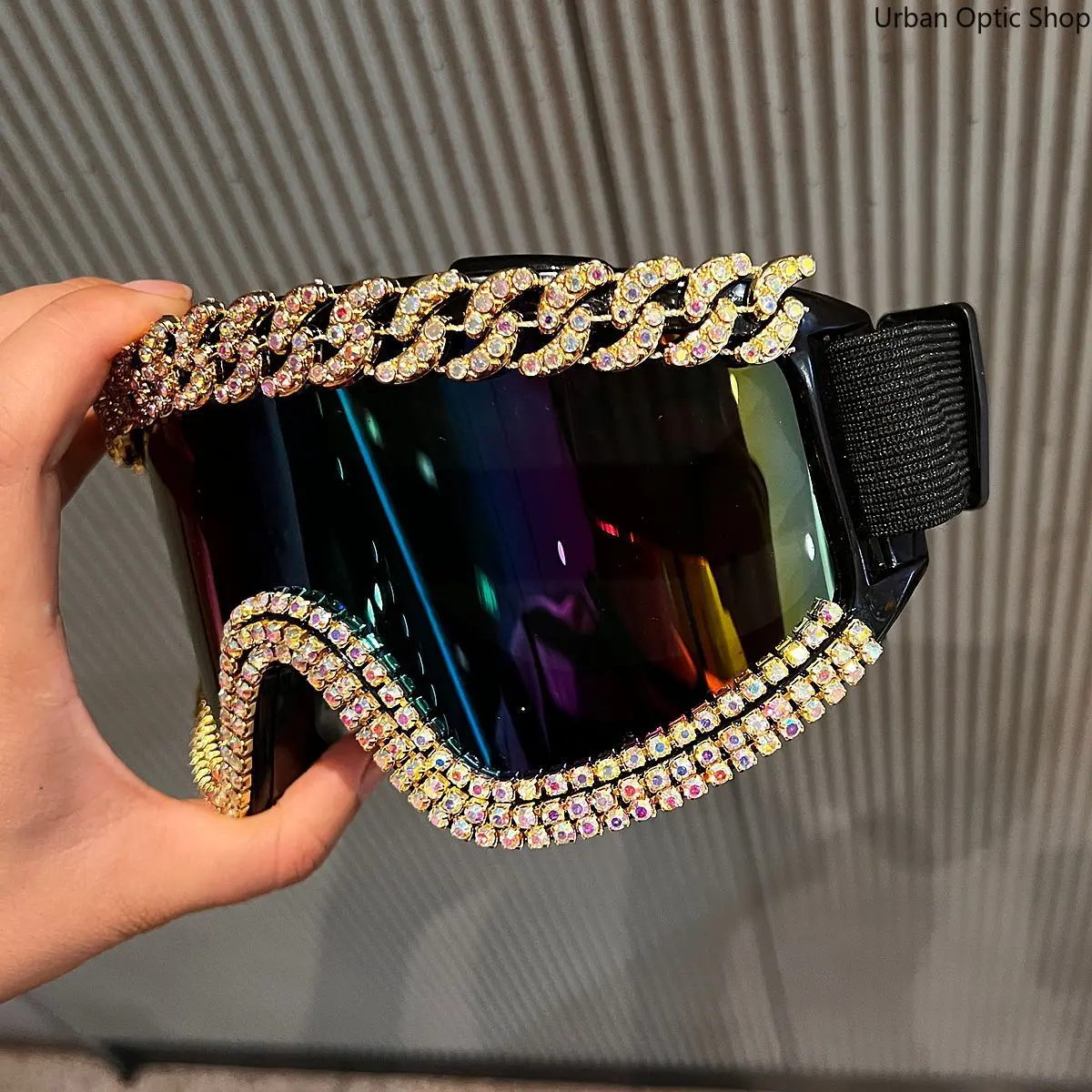 XUH Women's Rhinestone Glam Ski Goggle Sunglasses - Adult Fashion Eyewear Accessories with Gold Cuban Chain, Crystal Trim, Iridescent Mirrored UV400 Lenses, Adjustable Strap, Colorful Film, Universal Size, Party Accessory, One Size
