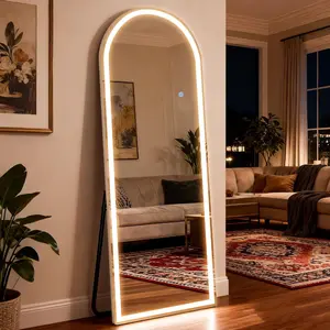 Arched LED Mirror Full Length - 64" x 21" Arch Floor Full  Mirror with 3 Color Lights Brightness Adjustable, Standing Leaning for Bedroom, Dressing Room, Cloakroom, White