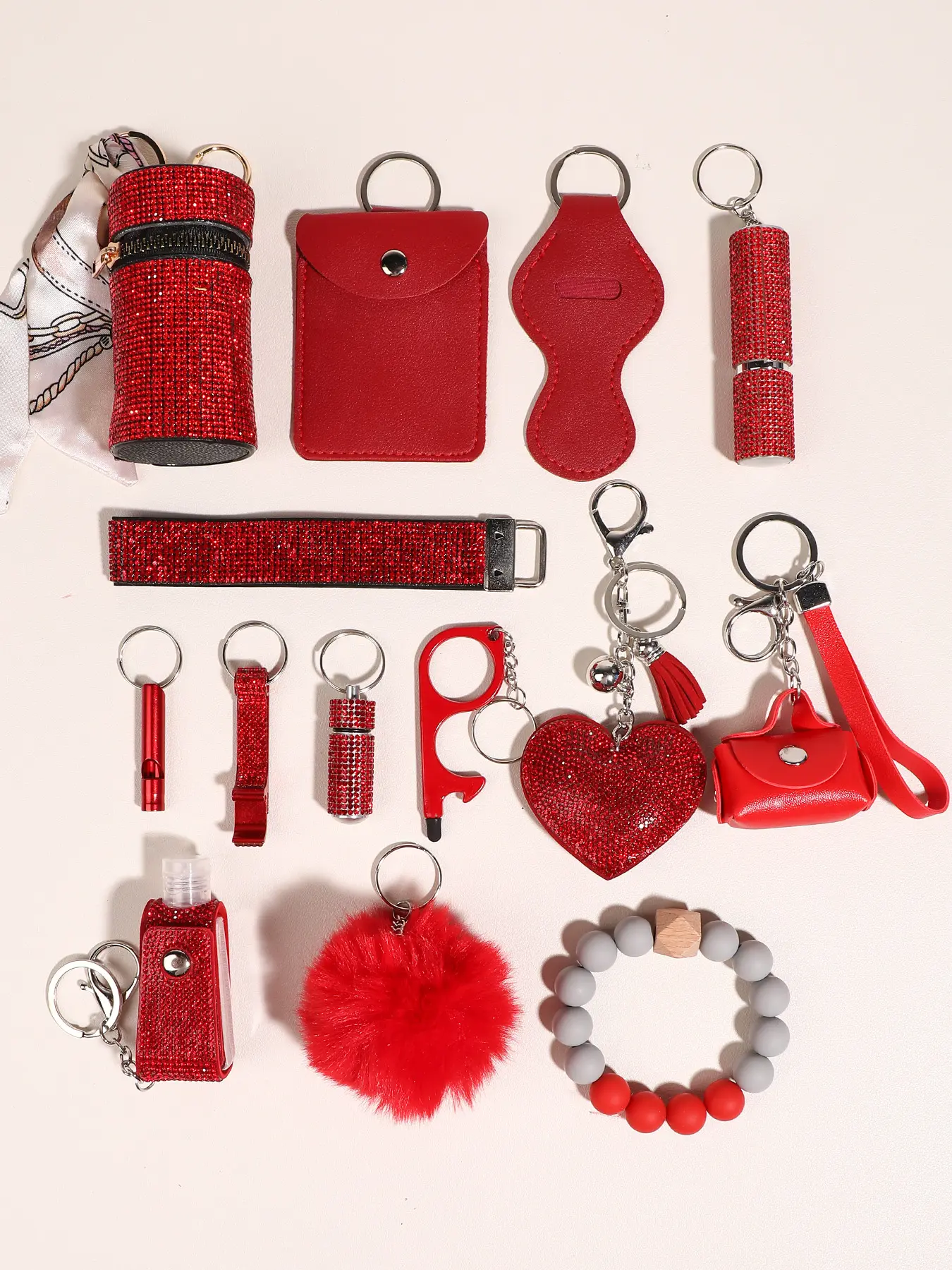 14 in 1 Red Safety Keychain for Women Portable Emergency Whistle Window Breaker Keyring Multifunctional Keychain Multi Functional Survival Wristlet Pompom Key Chain Birthday Gift