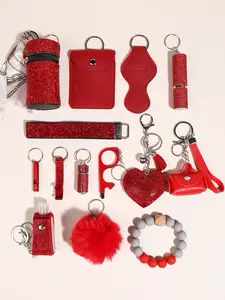 14 in 1 Red Safety Keychain for Women Portable Emergency Whistle Window Breaker Keyring Multifunctional Keychain Multi Functional Survival Wristlet Pompom Key Chain Birthday Gift