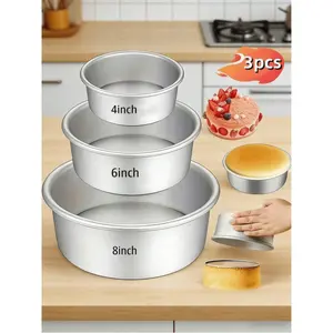 3PCS Aluminum Cake Pan Set, Cake Mold, Movable Base, Dimensions: 4 inches, 6 inches, and 8 inches (non-stick round baking pans).