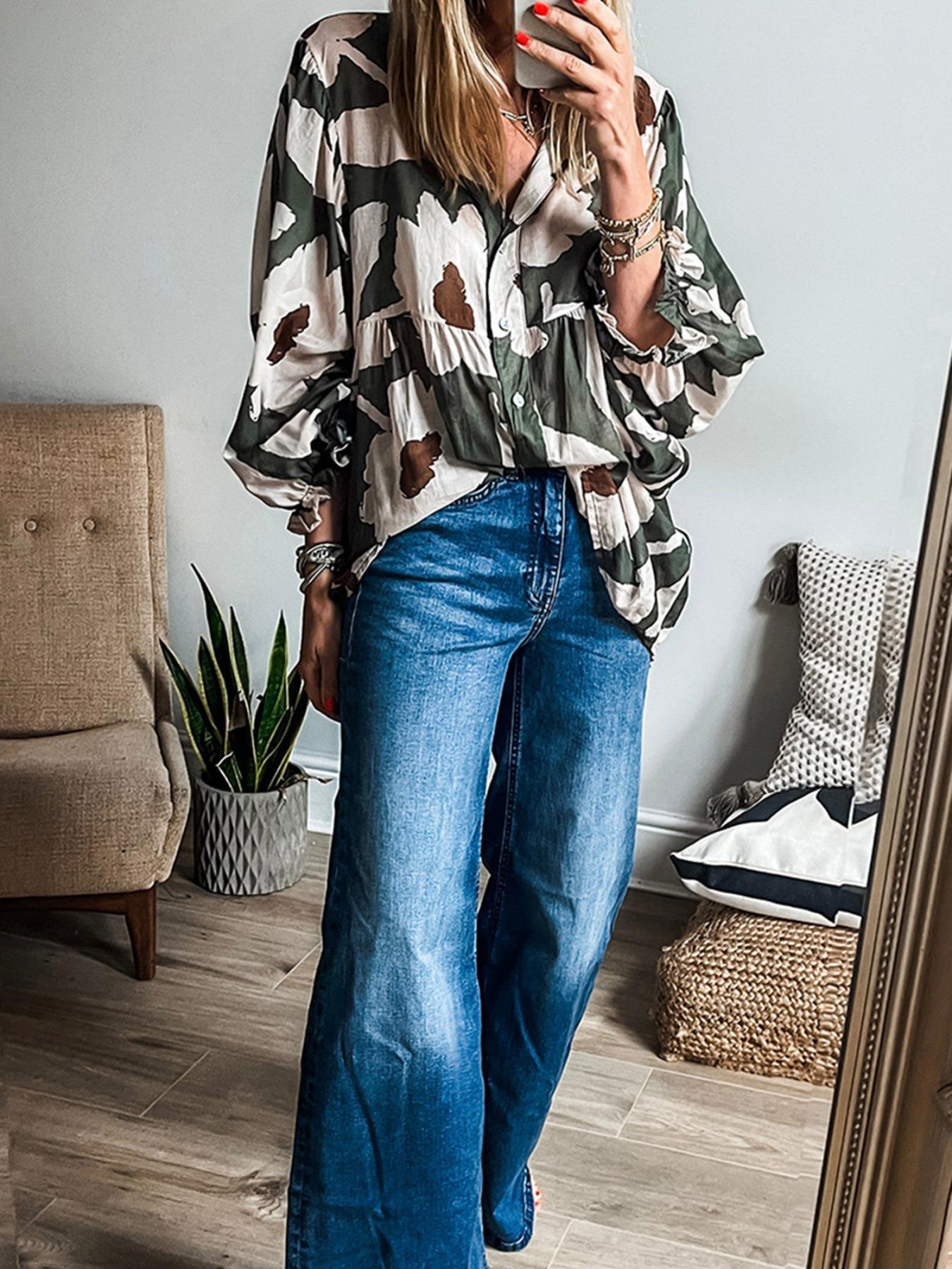 Women's Floral Print Long Sleeve Blouse, Casual Button Top for Daily Wear, Ladies Clothes for All Seasons