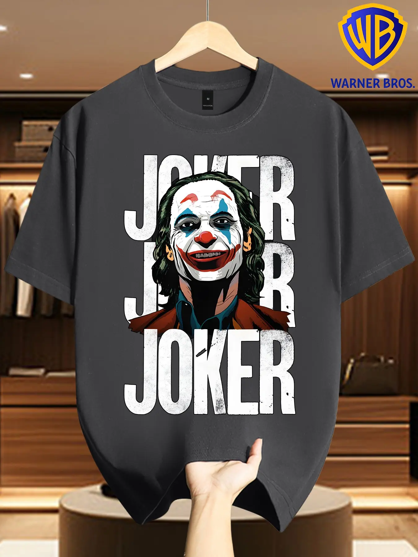 Warner Bros Men's Joker Print T-Shirt, Vintage Movie Villain Pattern, Casual Street Style, Loose-Fitting Long Sleeve Top