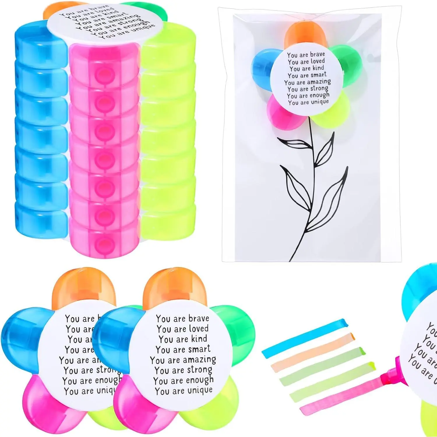 12 Sets Petals Flower Highlighters Gifts 5 in 1 Fluorescent Pens with Motivational Cards  Bags for Weclome  Frist Day (Brave)