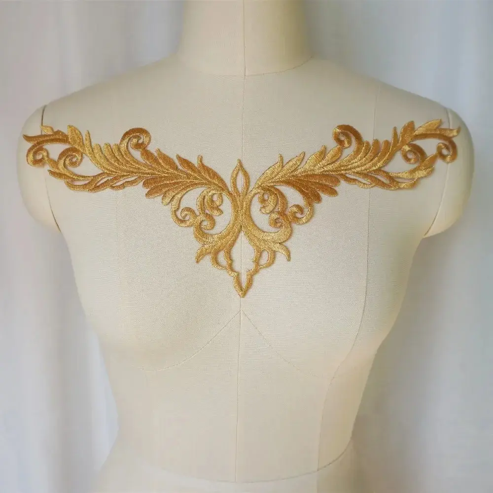 Gold Silver Baroque Appliques Embroidered Bridal Gown Fabric V-neck Collar Iron Sew On Patch For Wedding Clothes Dress Decor DIY Crafts