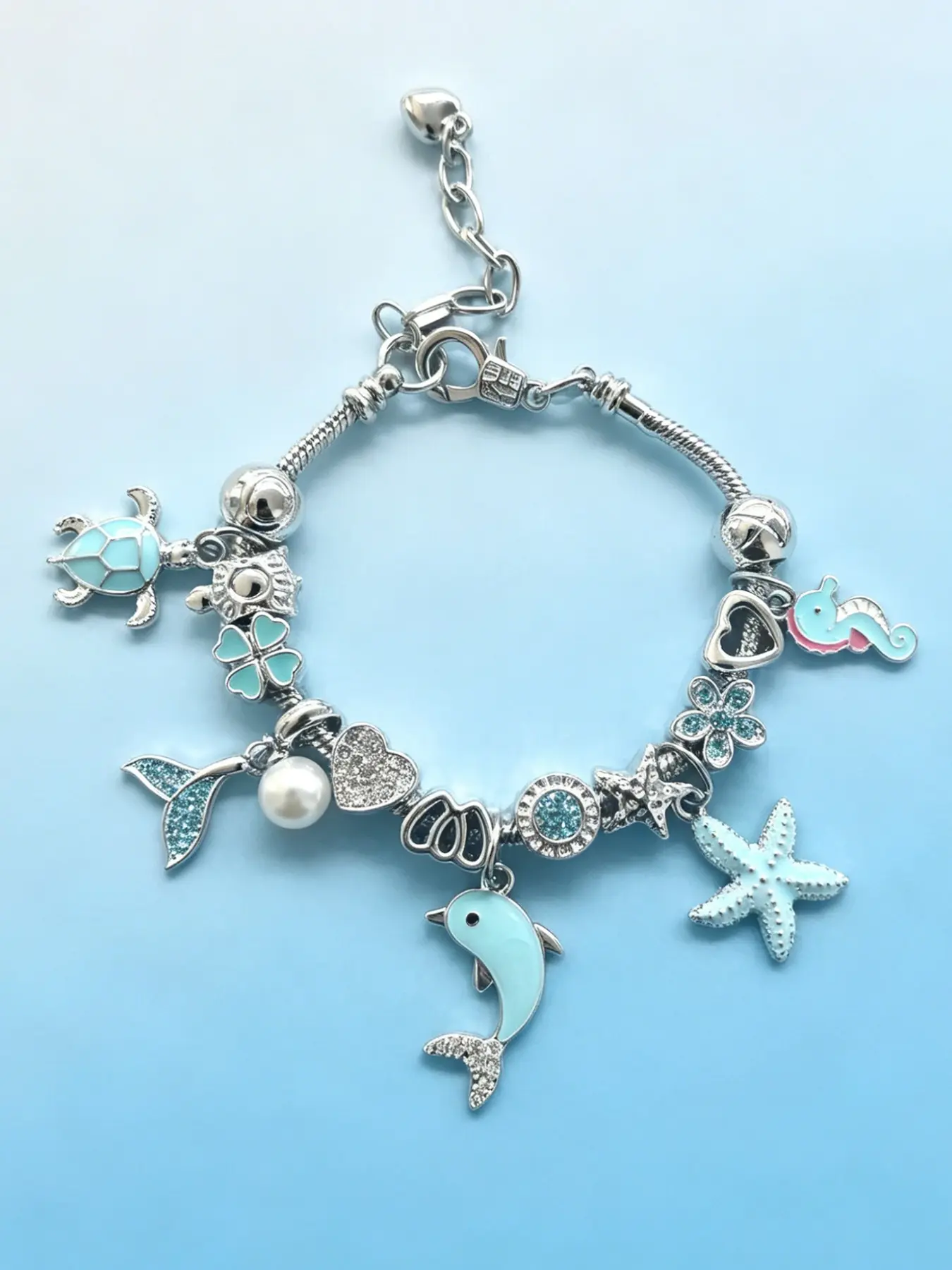 Blue Summer Ocean Style Cute Alloy Chain Fashionable Bracelet, Rhinestone Dolphin Seahorse Starfish Turtle Fish Tail Pendant, Women's Fashion Jewelry, Valentine's Day Gift
