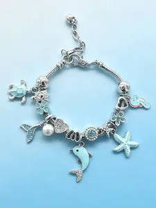 Blue Summer Ocean Style Cute Bracelet, Rhinestone Dolphin Seahorse Starfish Turtle Fish Tail Pendant, Women's Fashion Jewelry, Valentine's Day Gift