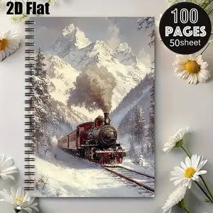 1 Spiral Coil Notebook 5.7x8.26 Inch, High-Quality Lined Pages, Durable Binding, Perfect for Christmas Winter Travel Journal, Mountain Trip Log, Ski Adventure Notes, New Year Gift for Train Enthusiasts and Outdoor Explorers [2D] Flat