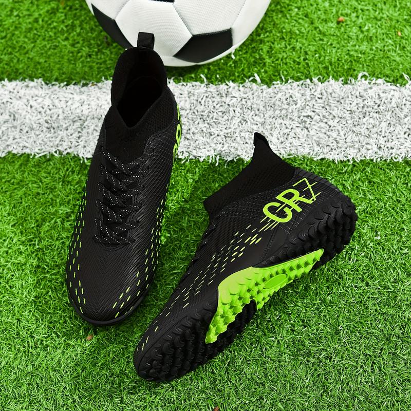 Men's High-top Soccer Shoes - Non-slip, Breathable, Lightweight, Soccer Boots with AG Studs, Suitable for Outdoor Training and Matches, Black with Yellow Accents, CR7 Design, PU Upper, Rubber Sole, Lace-up Closure