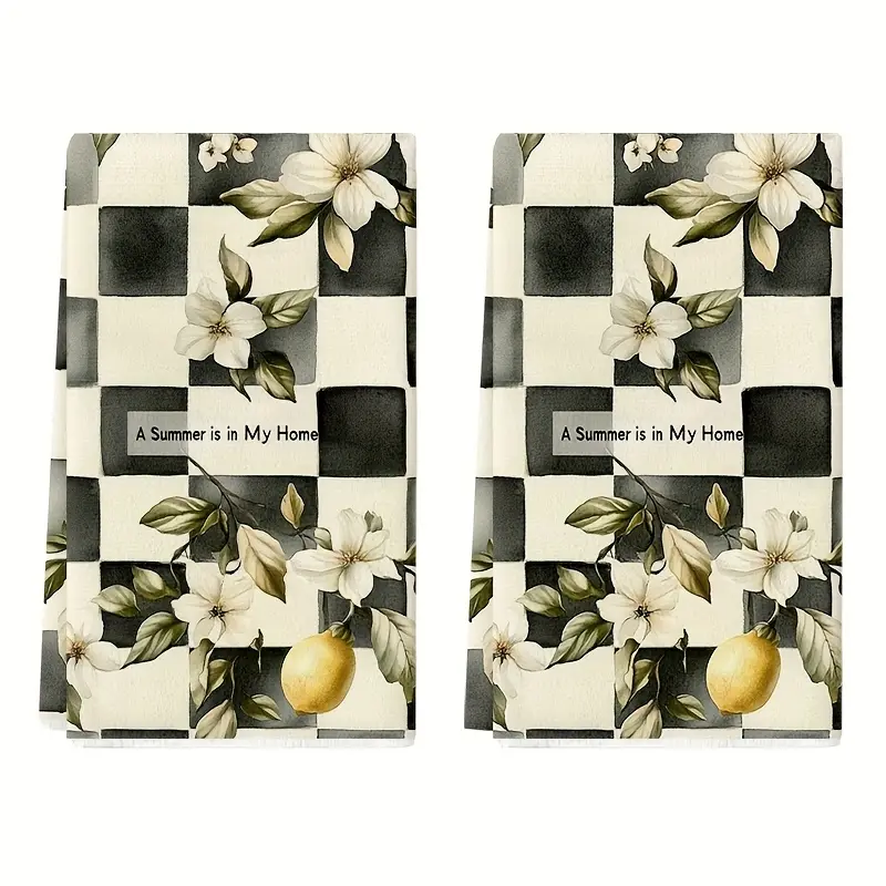 2 Pack Black and White Checkered Kitchen Towels, Summer Floral & Lemon Print Dish Towels, Vintage Magnolia Flower Absorbent Tea Towels, "A Summer is in My Home" Decorative Cleaning Cloths, Dish Towels For Kitchen