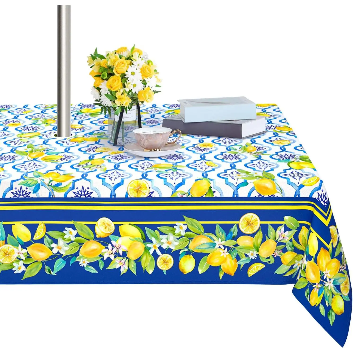 Lemon Rectangle Outdoor Tablecloth with Umbrella Hole and Zipperd 60x84 Inch Waterproof Spring Summer Lemon Patio Table Cloth Blue Seasonal Washable Table Covers for Party Picnic Dinner Garden