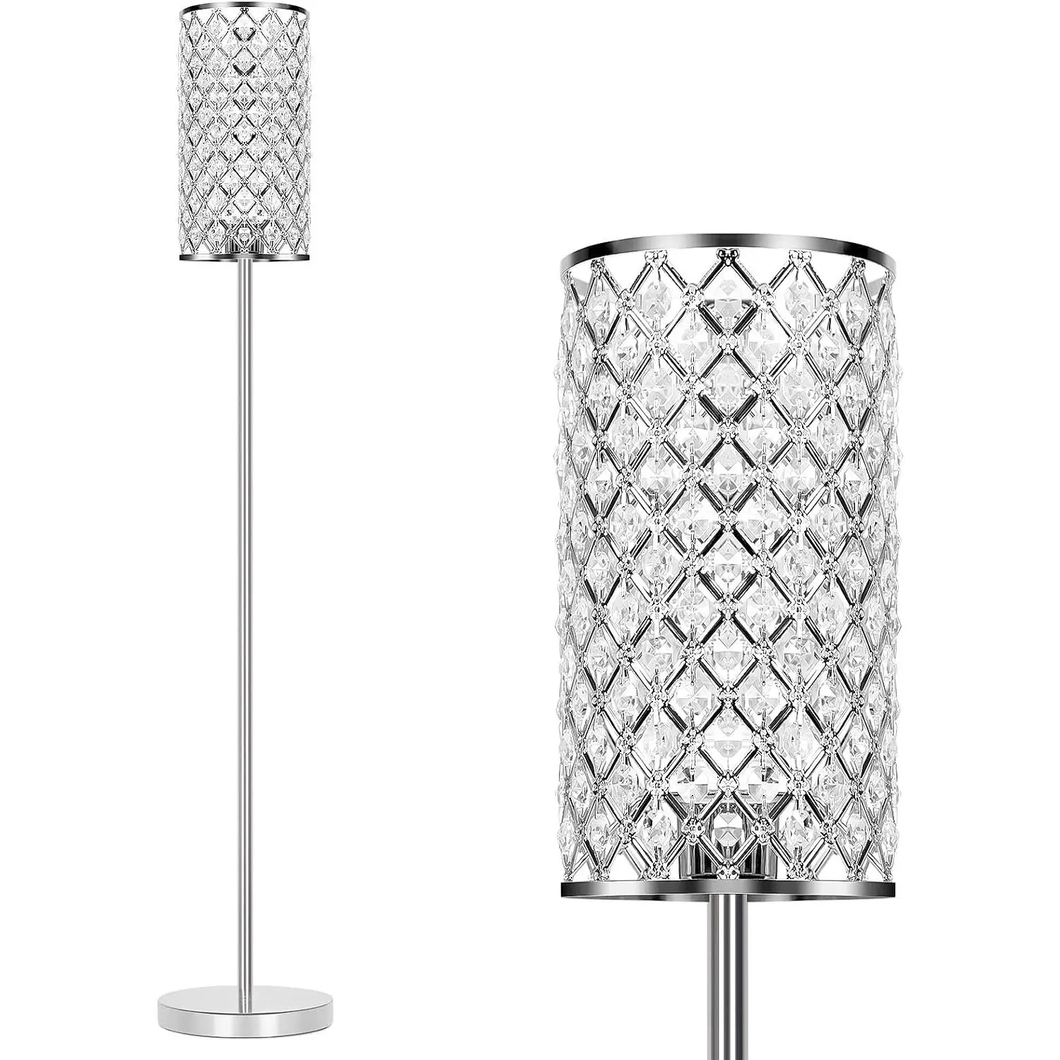 Crystal Floor Lamp, Modern Standing Lamp with Elegant Shade, LED Floor Lamp with On/Off Foot Switch Silver Finish Tall Pole Lamp Accent Lights for Living Room, Girl Bedroom, Dresser, Office (E26 Base)