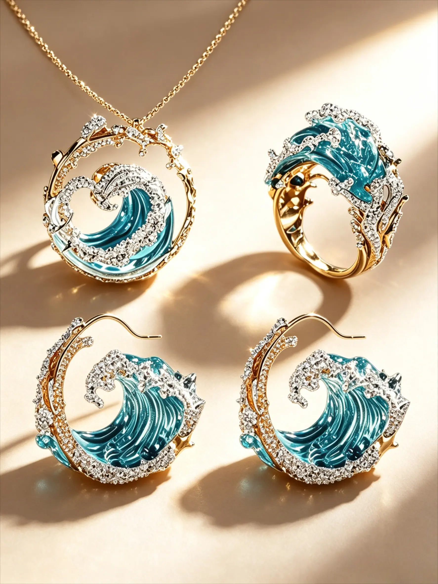 18K Gold Plated / Silver Tone Ocean Wave Jewelry Set 3Pcs, Jewellery Gift Set, Enamel & Imitation Diamond Pendant Necklace, Ring & Earrings Set, Hypoallergenic Tarnish Resistant Set For Women, Multi-Color Daily Wear & Gifting