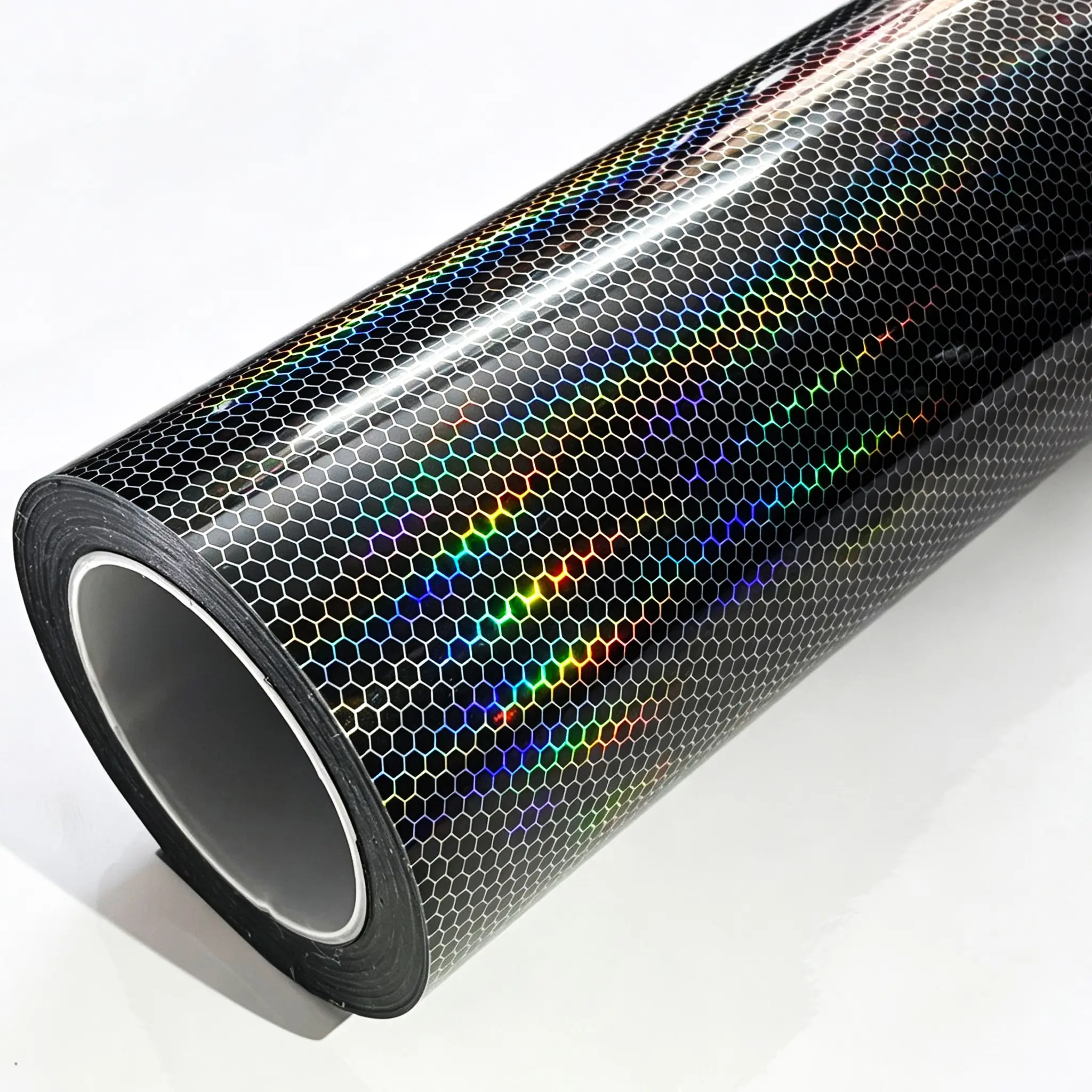 PET Glossy Laser Holographic Hex Honeycomb Black Carbon Fiber Metallic Vinyl Wrap Film With Air Release Self Adhesive DIY Car Motorcycle Bicycle Sticker Decal